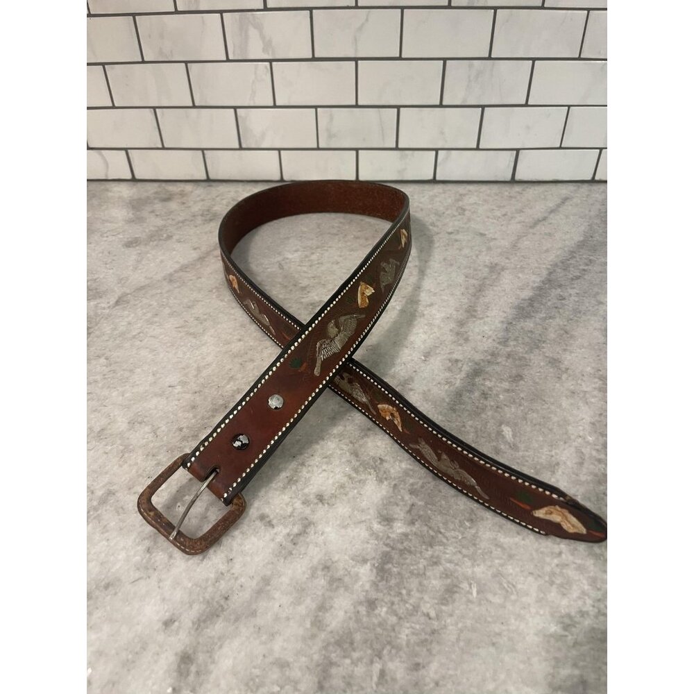 Western Tooled Leather Belt Mens 38 Brown Horse Eagle‎ Painted Mexico Cowboy